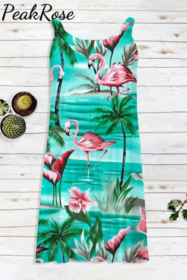 Spring/Summer Flamingos Coconut Tree Beach Sleeveless Dress