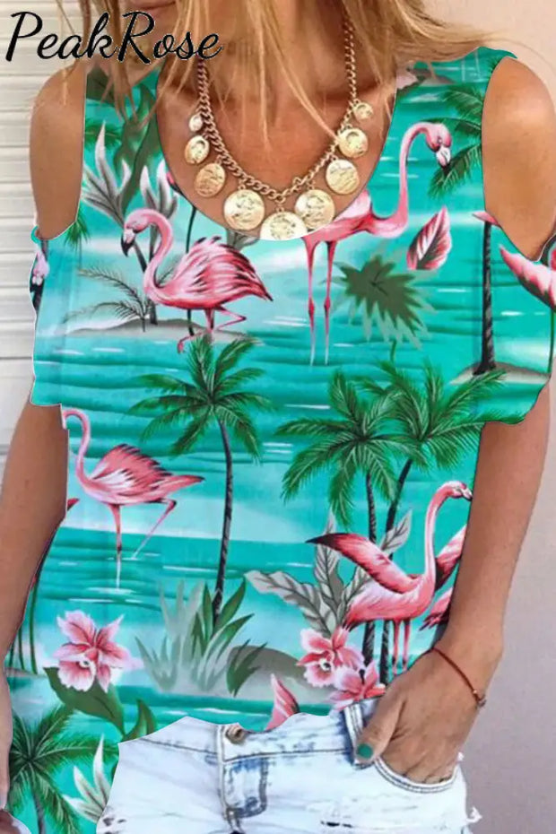 Spring/Summer Flamingos Coconut Tree Cold Shoulder T-Shirt