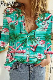 Spring/Summer Flamingos Coconut Tree Long Sleeve Shirt S / Green Women