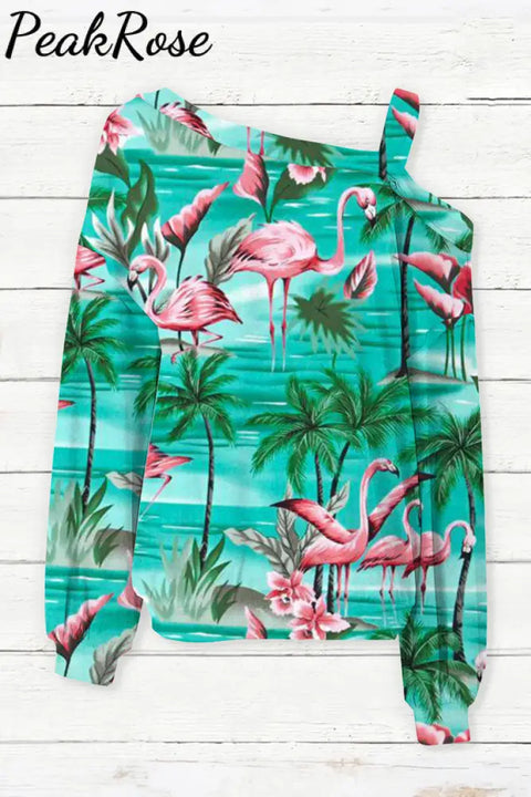 Spring/Summer Flamingos Coconut Tree Off-Shoulder Blouse