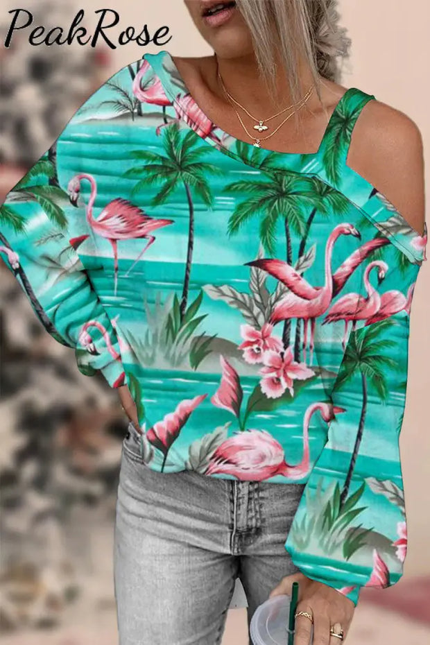 Spring/Summer Flamingos Coconut Tree Off-Shoulder Blouse S / Green