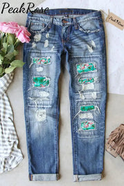 Spring/Summer Flamingos Coconut Tree Ripped Denim Jeans