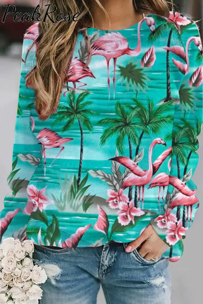 Spring/Summer Flamingos Coconut Tree Sweatshirt S / Green