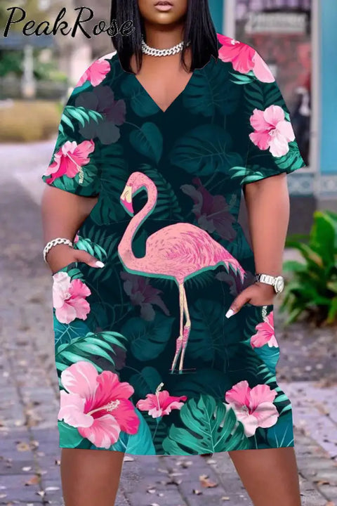 Spring/Summer Flamingos Plus Size Dress with Pockets