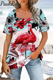 Spring/Summer Flamingos Square Neck T-Shirt T-Shirt