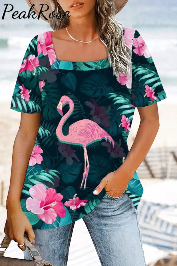 Spring/Summer Flamingos Square Neck T-shirt