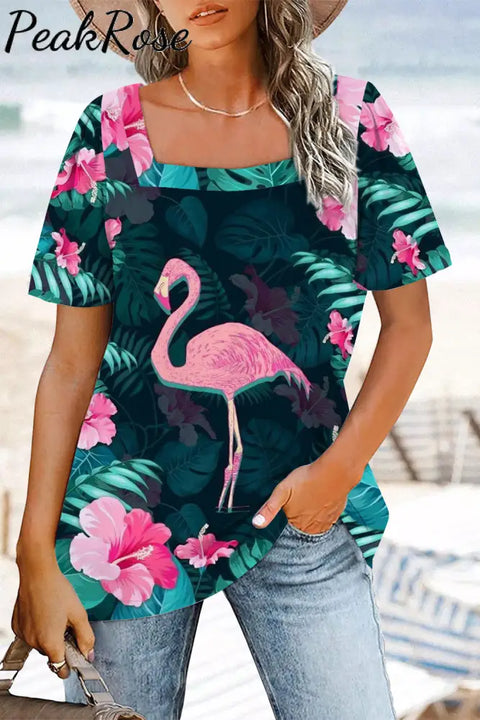 Spring/Summer Flamingos Square Neck T-shirt