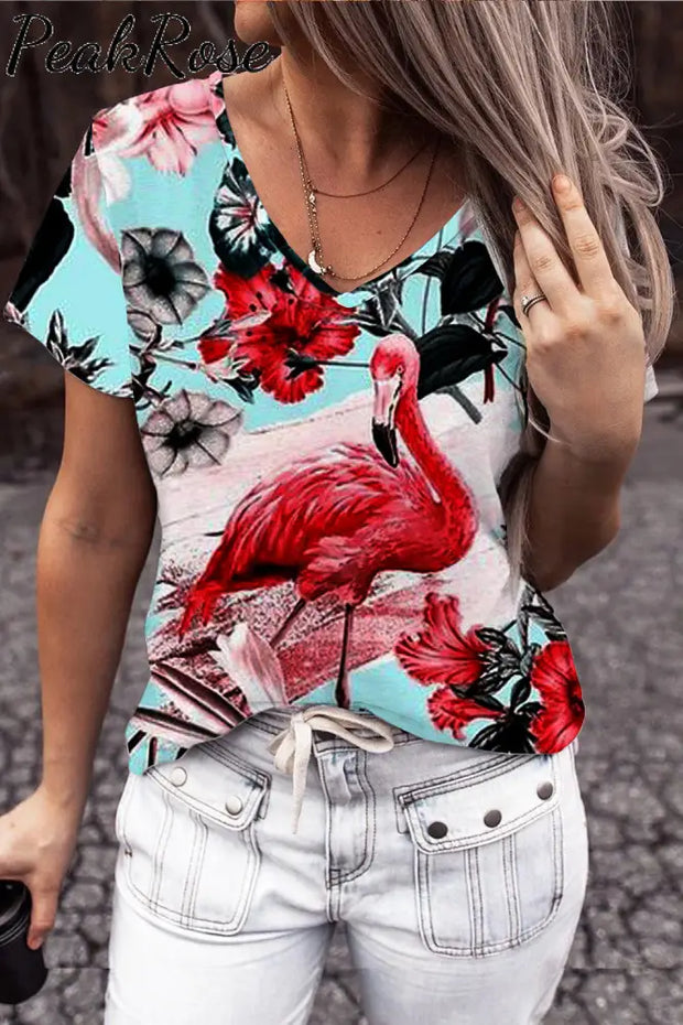 Spring/Summer Flamingos V-Neck T-Shirt T-Shirt