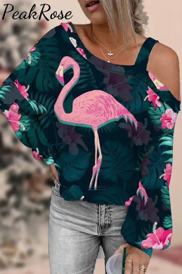 Spring Summer Pink Flamingos Off-Shoulder Blouse S / Black