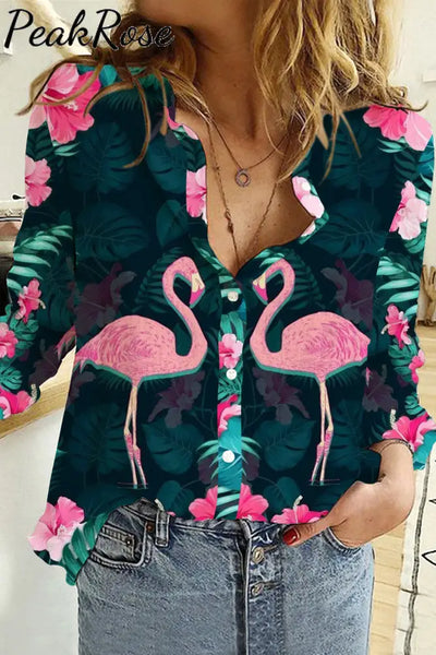 Spring Summer Pink Flamingos Pattern Long Sleeve Shirt S / Black Women