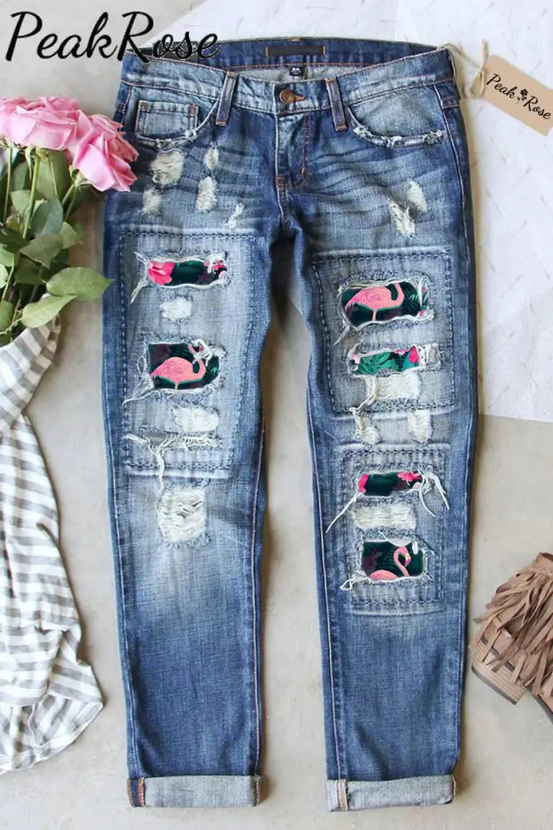 Spring Summer Pink Flamingos Pattern Ripped Denim Jeans