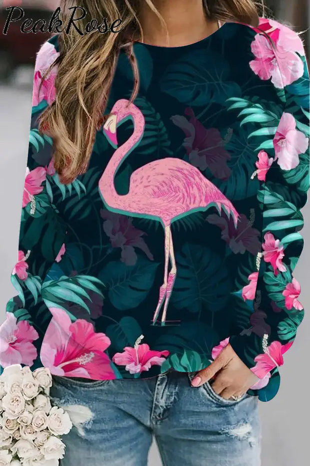 Spring Summer Pink Flamingos Pattern Sweatshirt S / Black