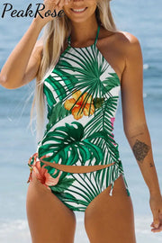 Spring/Summer Plant Print Green Bikini Swimsuit