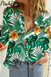 Spring/Summer Plant Print Green Long Sleeve Shirt Women