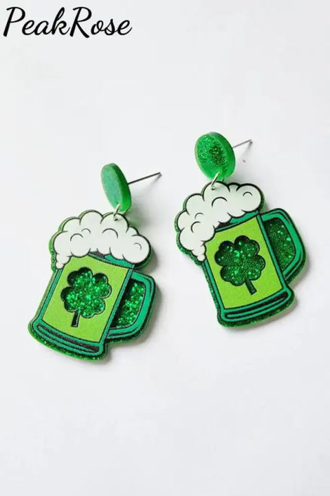 St. Patrick’s Day Clover Beer Acrylic Stud Earrings One Size