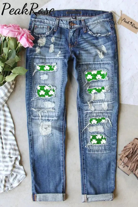 St. Patrick’s Day Clover Graphic Ripped Casual Denim Jeans