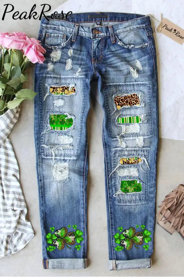 St. Patrick’s Day Clover Leopard Graphic Shift Casual Ripped Denim Jeans