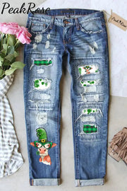 St. Patrick’s Day Cow Ripped Denim Jeans S