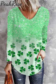 St. Patrick’s Day Glitter Gradient Shamrock Print V Neck Long Sleeve T-Shirt T-Shirt