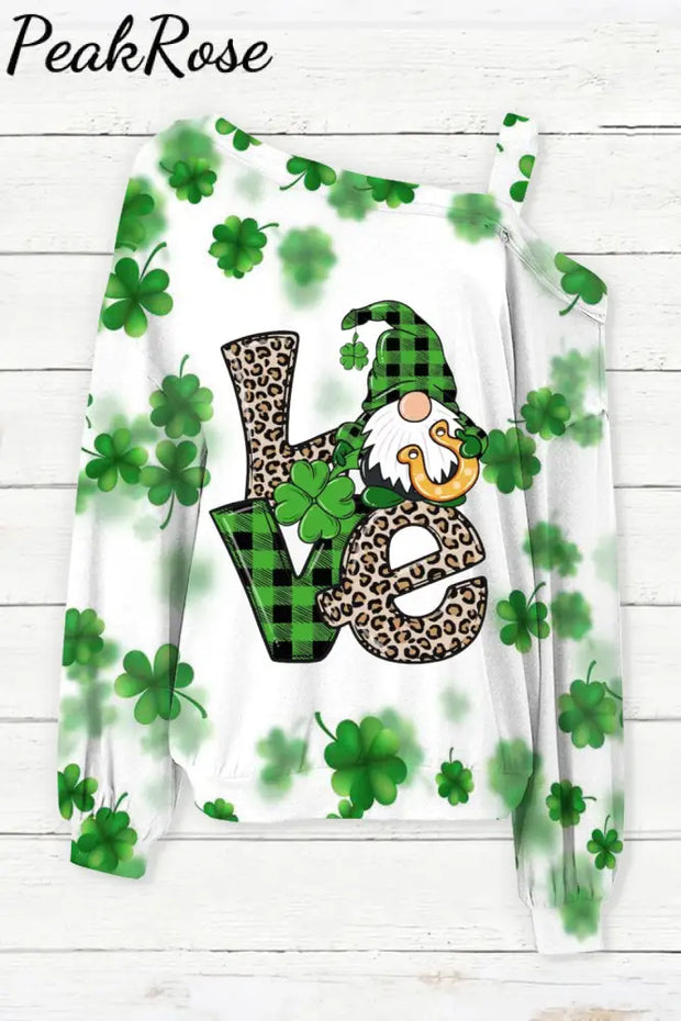 St. Patricks Day Gnomes Love Print Off-Shoulder Blouse