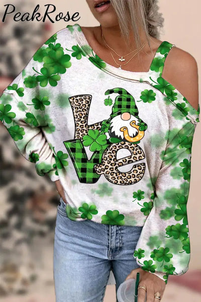 St. Patricks Day Gnomes Love Print Off-Shoulder Blouse S / White