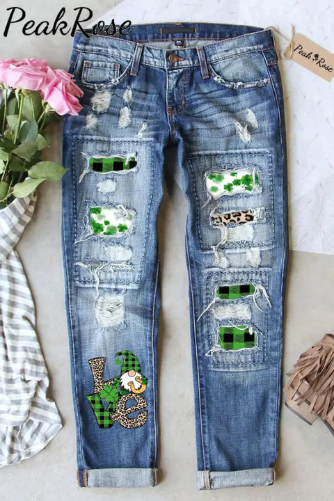 St. Patricks Day Gnomes Love Print Ripped Denim Jeans S / Blue