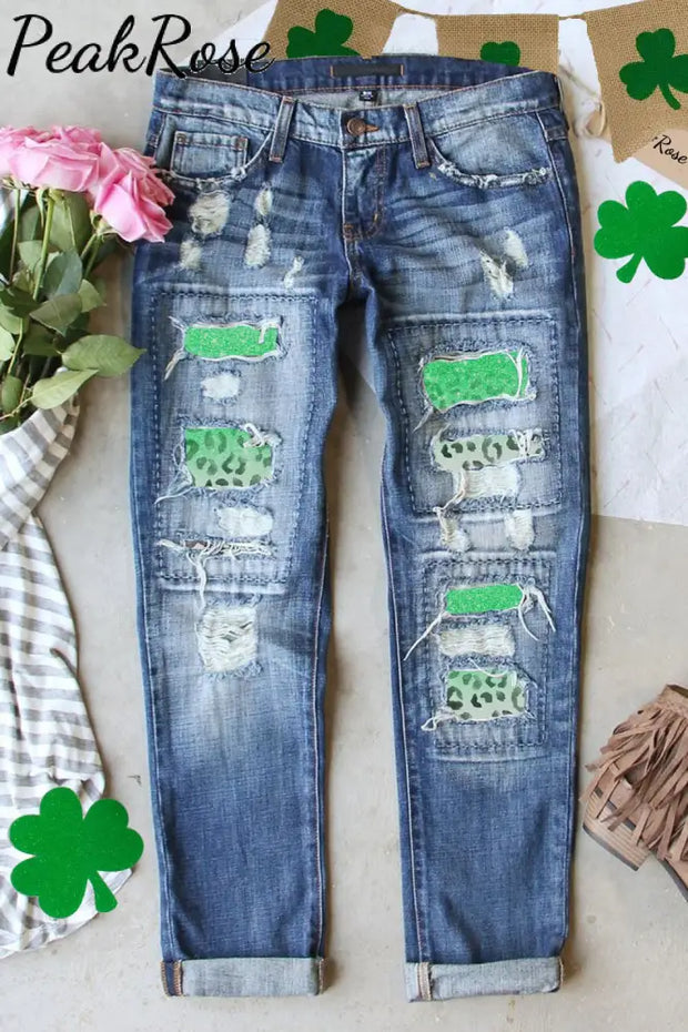 St. Patrick’s Day Leopard Graphic Casual Mid Waist Ripped Jeans Blue / S