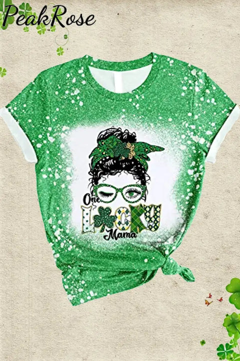 St. Patrick’s Day Messy Bun Lucky Mama Bleached Print T-Shirt T-Shirt