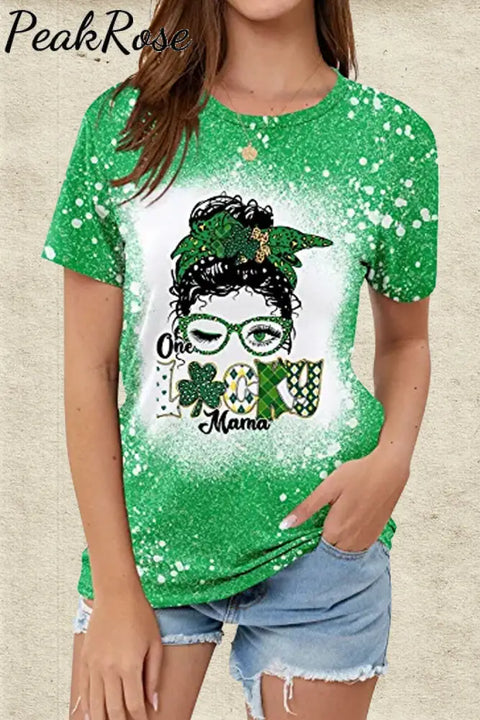 St. Patrick’s Day Messy Bun Lucky Mama Bleached Print T-Shirt Green / S T-Shirt