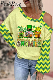 St. Patrick’s Day Shamrockin’ With My Gnomies Print Off-Shoulder Blouse Green / S