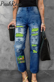 St. Patrick’s Day Shamrockin’ With My Gnomies Print Ripped Denim Jeans