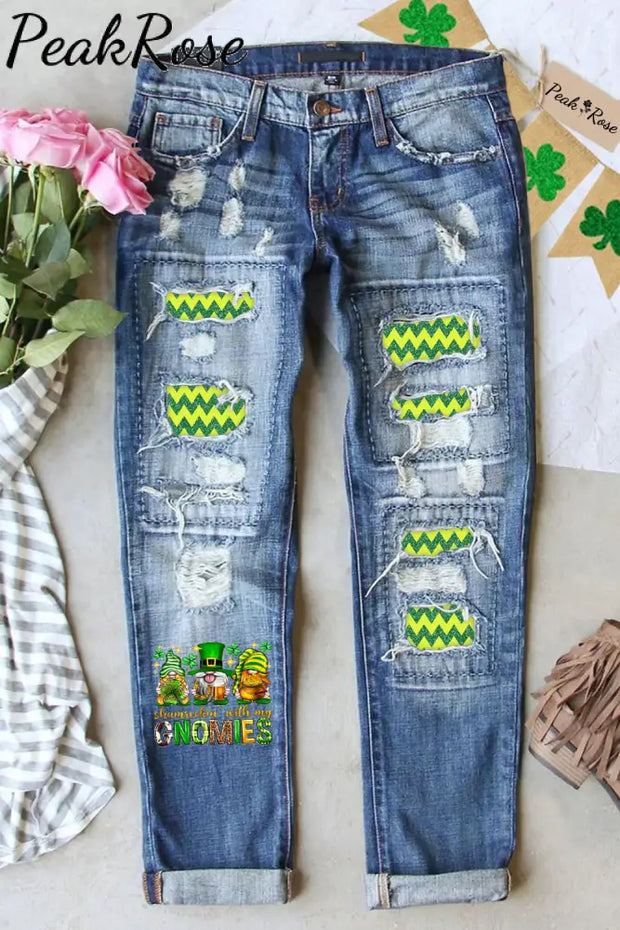 St. Patrick’s Day Shamrockin’ With My Gnomies Print Ripped Denim Jeans S