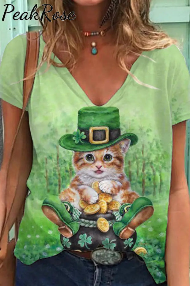 St. Patrick’s Day Toland Home Garden Clover Kitty Print V Neck T-Shirt T-Shirt