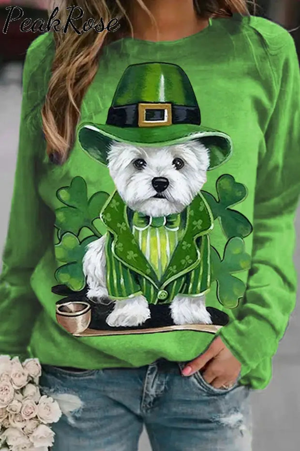 St. Patrick’s Day Trefoil Puppy Dog Lover Print Sweatshirt