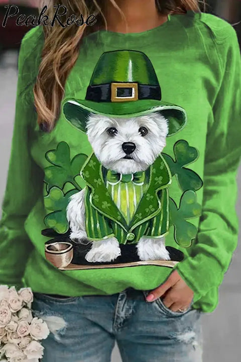 St. Patrick’s Day Trefoil Puppy Dog Lover Print Sweatshirt Green / S