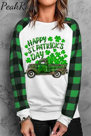 St. Patrick’s Day Truck Graphic Plaid Round Neck Casual Sweatshirt