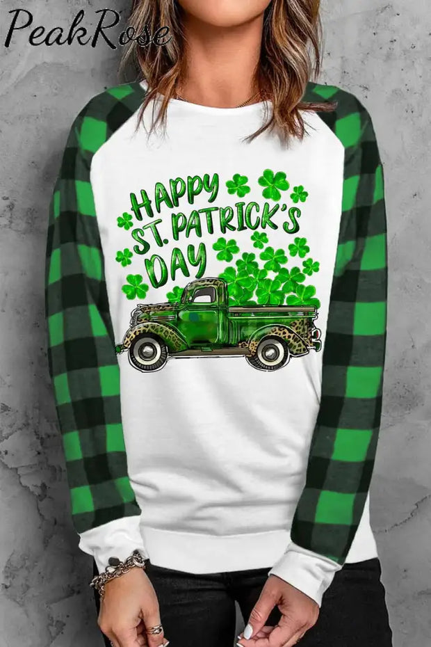 St. Patrick’s Day Truck Graphic Plaid Round Neck Casual Sweatshirt Green / S