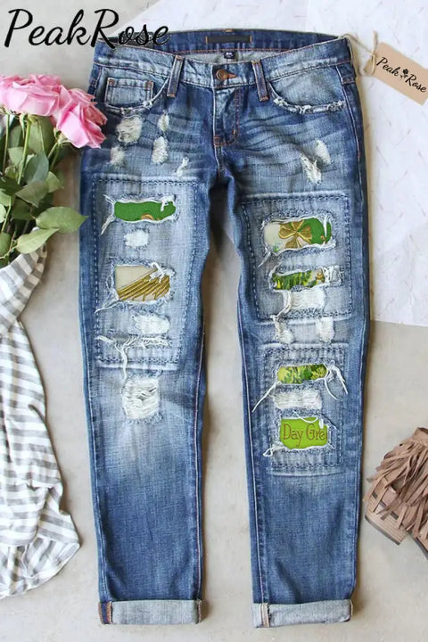 St.patrick’s Day Vintage Landscape Canvas Print Ripped Denim Jeans S / Blue