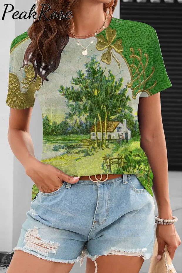 St.patrick’s Day Vintage Landscape Canvas Print Short Sleeve T-Shirt