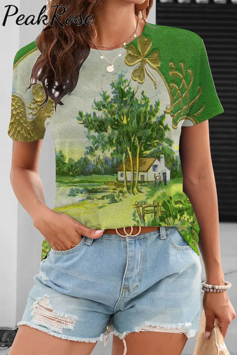 St.patrick’s Day Vintage Landscape Canvas Print Short Sleeve T-Shirt S / Green