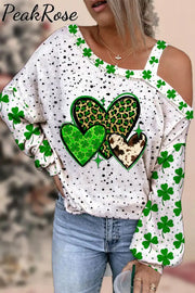 St. Patrick’s Four Leaf Shamrock Leopard Cowhide Hearts Print Off-Shoulder Blouse