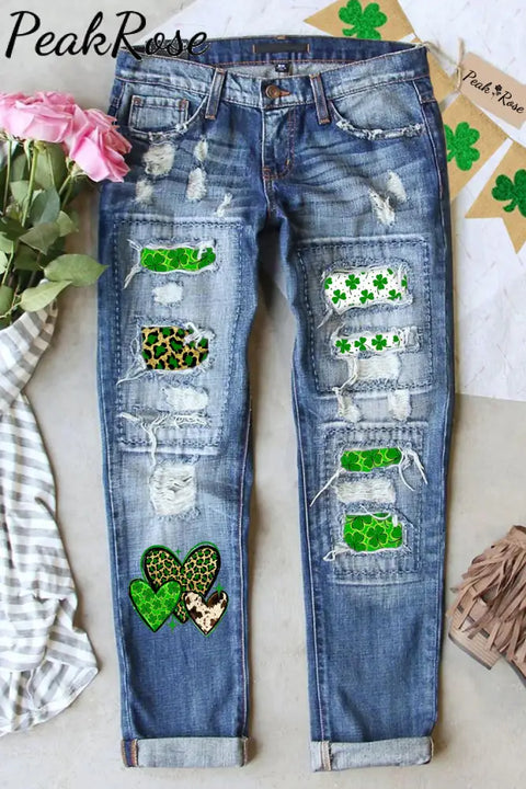 St. Patrick’s Four Leaf Shamrock Leopard Cowhide Hearts Print Ripped Denim Jeans S