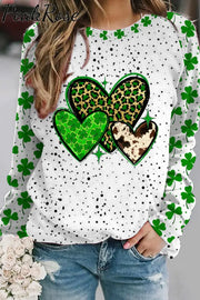 St. Patrick’s Four Leaf Shamrock Leopard Cowhide Hearts Print Sweatshirt