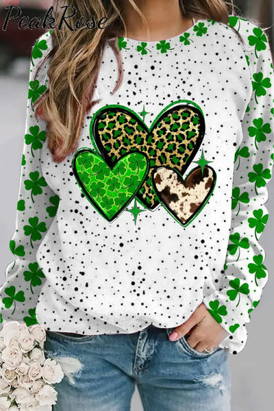 St. Patrick’s Four Leaf Shamrock Leopard Cowhide Hearts Print Sweatshirt S / Green