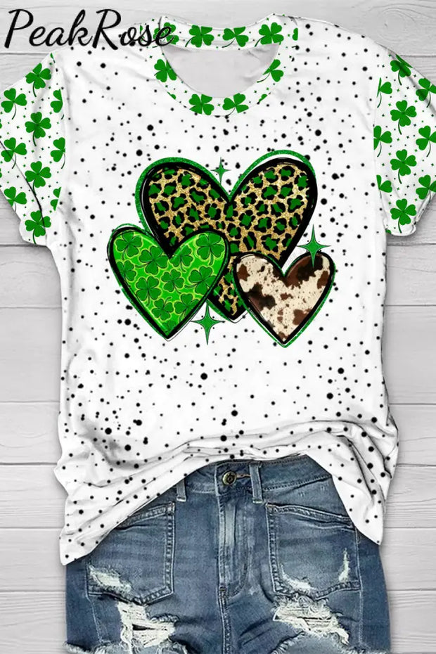 St. Patrick’s Four Leaf Shamrock Leopard Cowhide Hearts Print T-Shirt