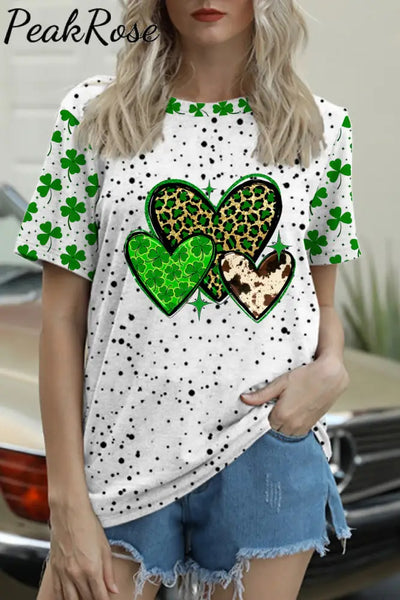 St. Patrick’s Four Leaf Shamrock Leopard Cowhide Hearts Print T-Shirt S / Green