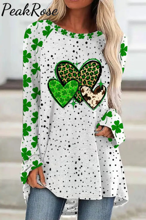 St. Patrick’s Four Leaf Shamrock Leopard Cowhide Hearts Print Tunic