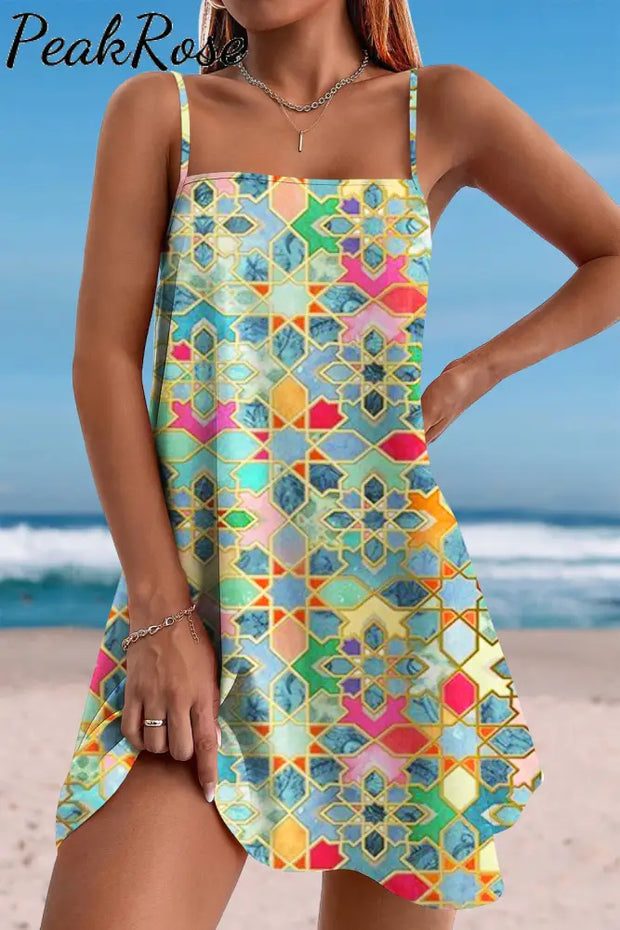 Stained Glass Vintage Geometric Continuous Pattern Cami Dress