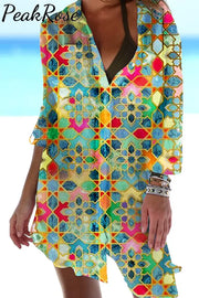 Stained Glass Vintage Geometric Continuous Pattern Patch Front Pockets Shirt