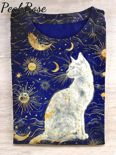 Starry Sky Moon Sun Cat Art Print Casual Short Sleeve T-Shirt As Pic / S Hot Sell